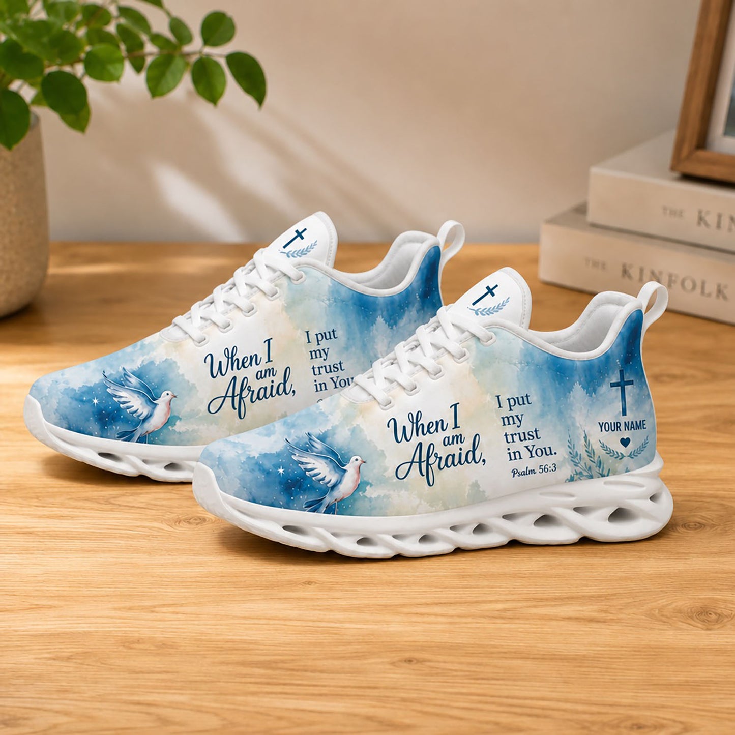Lifestyle product photography of Custom Name Psalm 56 3 Max Soul shoes with white soles styled on a clean wooden table