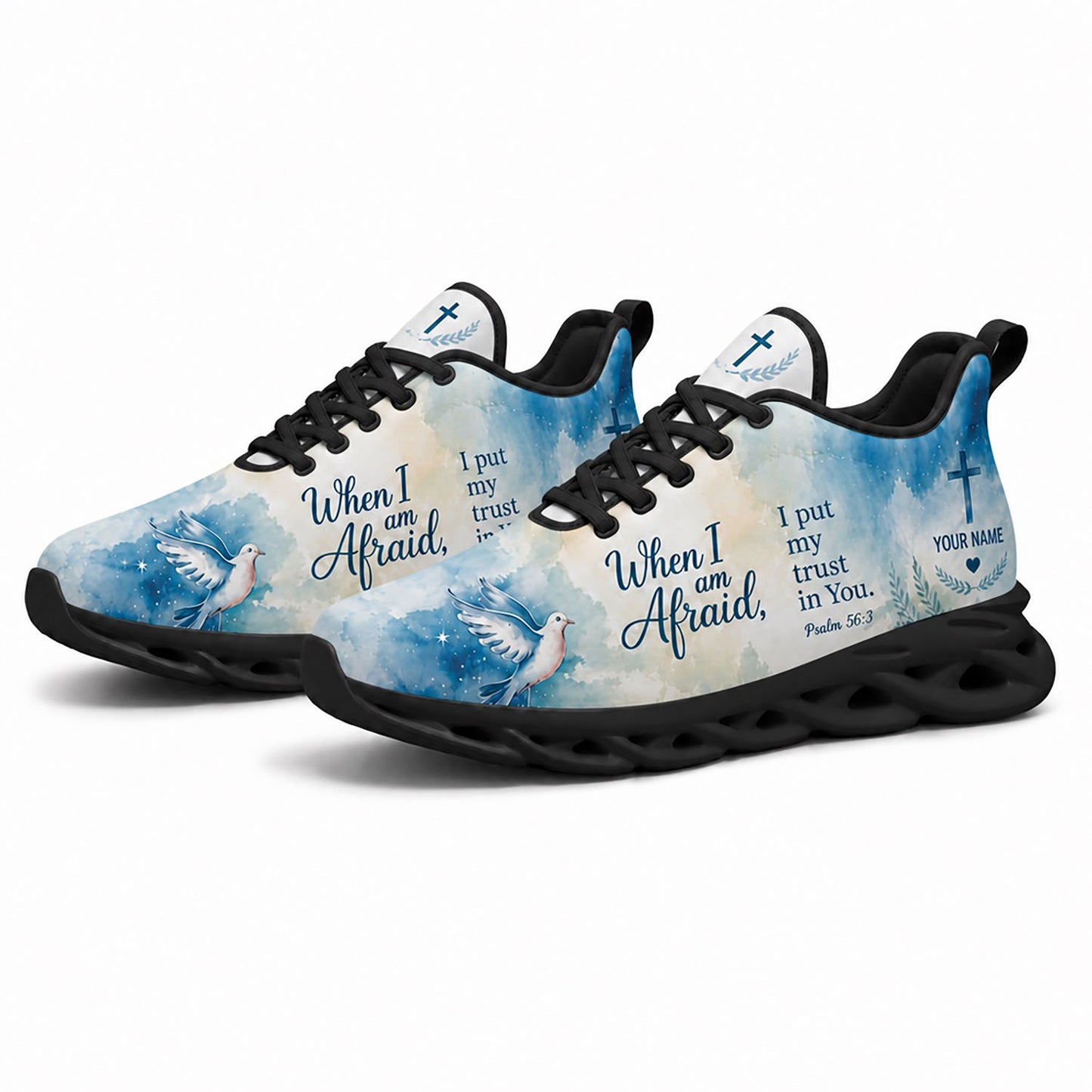 Pair of custom Christian blue sneakers featuring a white dove and Psalm 56 3 print built on dynamic black traction soles