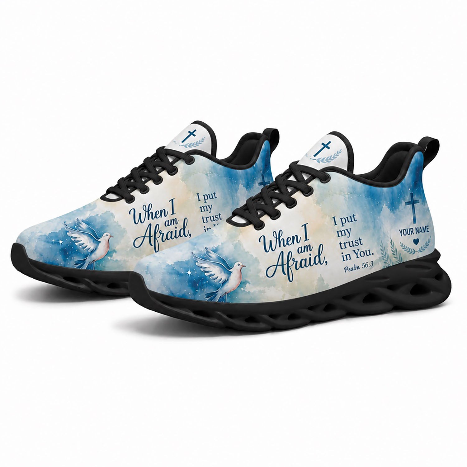 Pair of custom Christian blue sneakers featuring a white dove and Psalm 56 3 print built on dynamic black traction soles