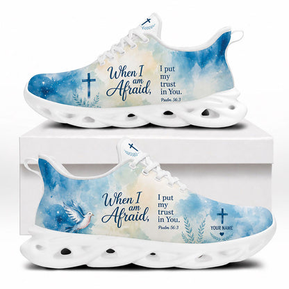 Side profile of Custom Name Psalm 56 3 Max Soul Shoes in white sole featuring watercolor blue background and holy cross symbol