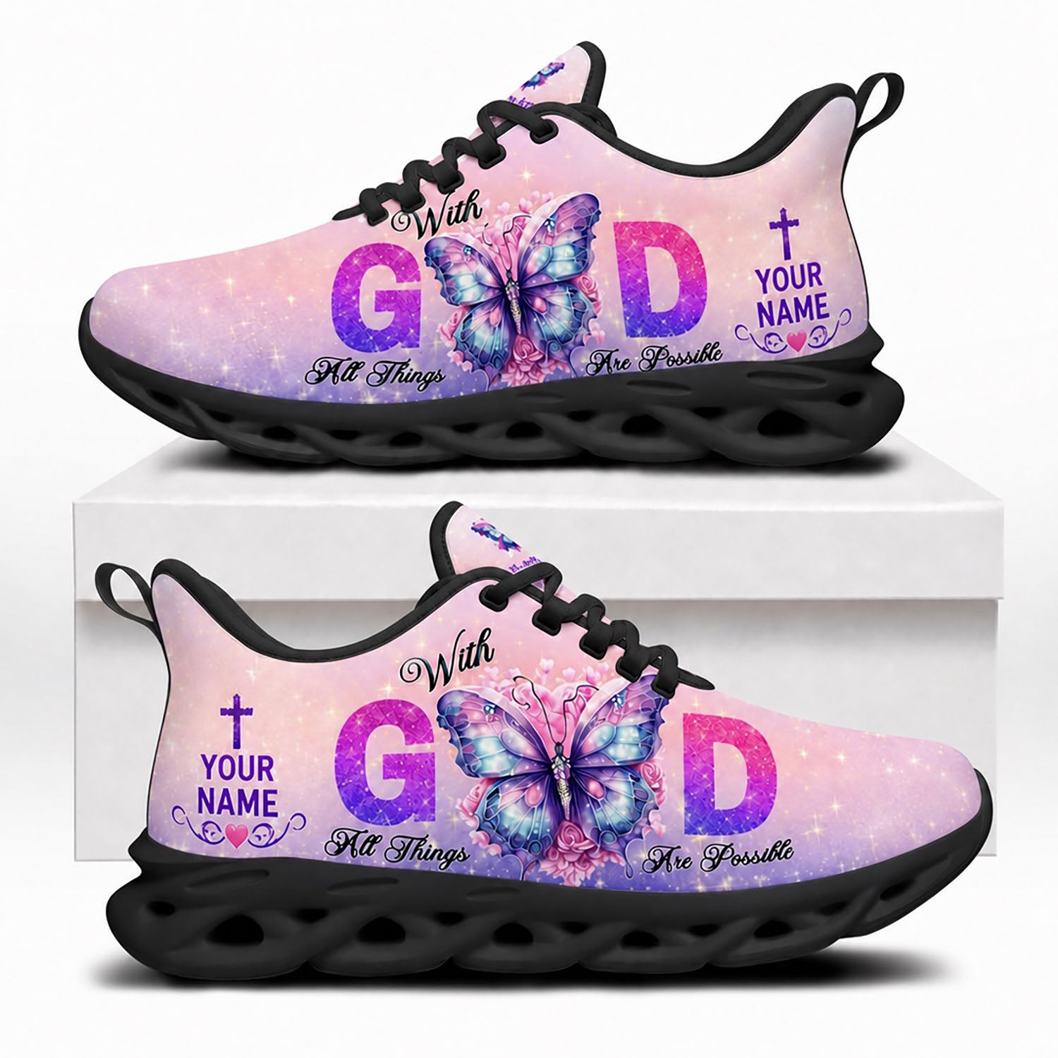 Side profile of Custom Name With God All Things Are Possible Max Soul Shoes in black sole showing the personalizable name text zone
