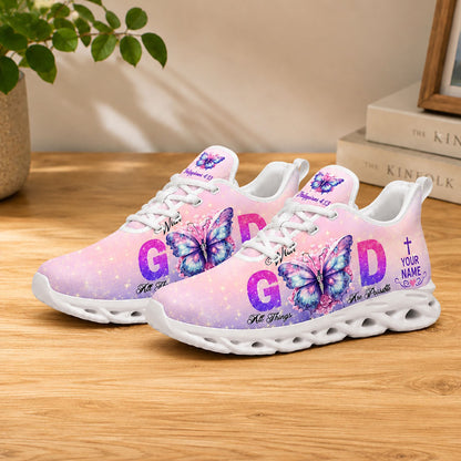 Lifestyle product photography of Custom Name With God All Things Are Possible Max Soul shoes with white soles styled on a wooden tabletop