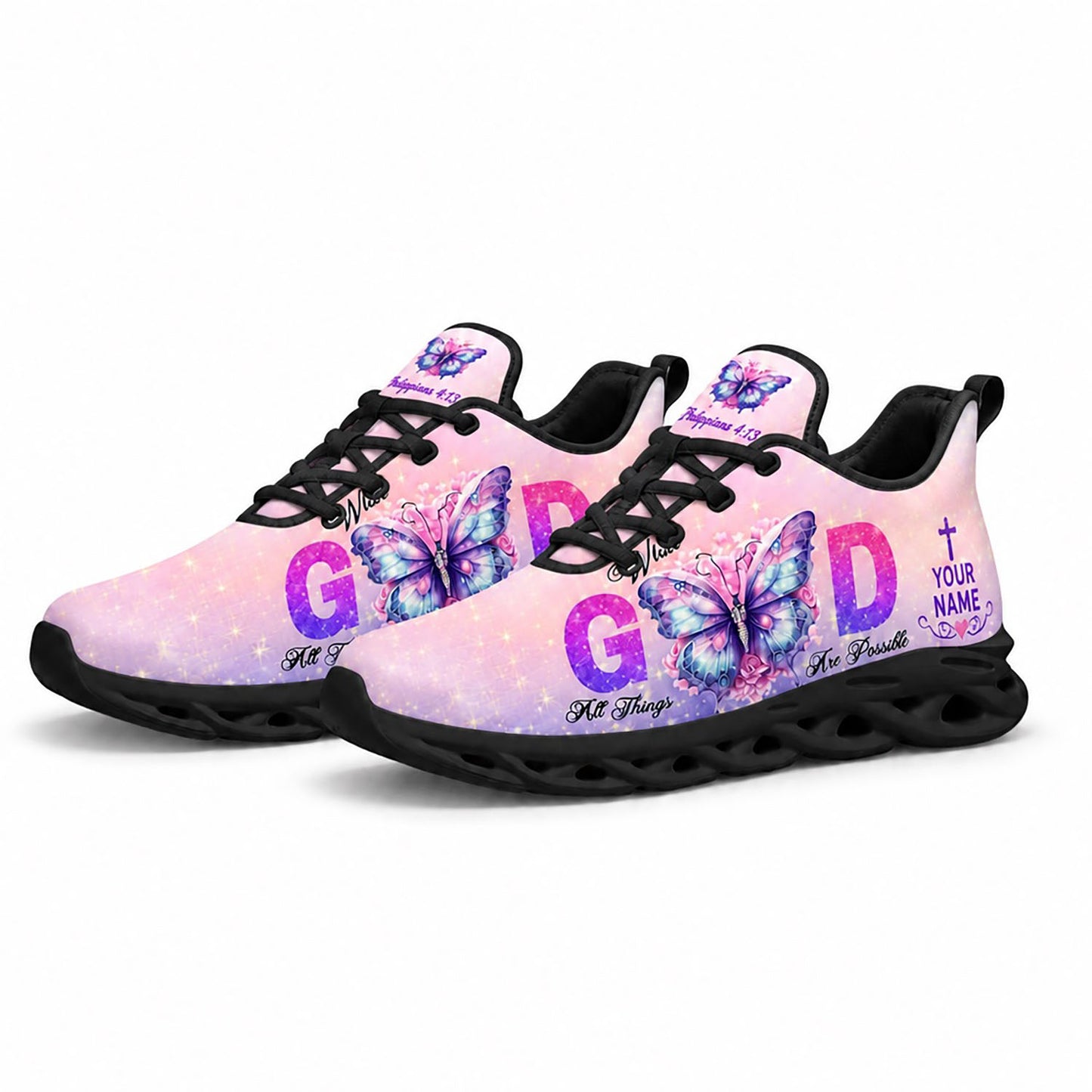 Pair of Christian pink purple gradient sneakers featuring a majestic butterfly canvas print with dynamic black traction soles
