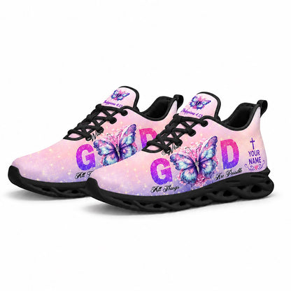 Pair of Christian pink purple gradient sneakers featuring a majestic butterfly canvas print with dynamic black traction soles