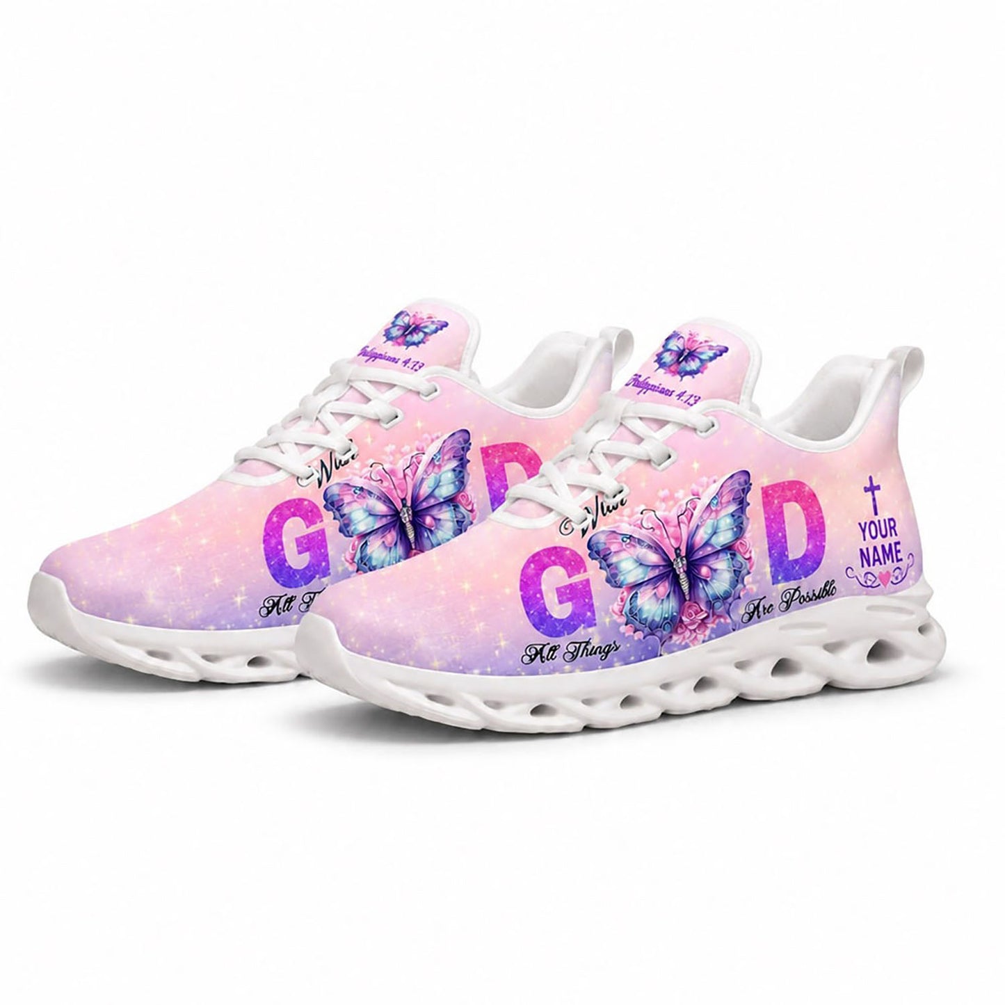Angled pair of Christian pink purple gradient sneakers with bold GOD typography and custom name engraving fields on white soles