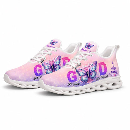 Angled pair of Christian pink purple gradient sneakers with bold GOD typography and custom name engraving fields on white soles