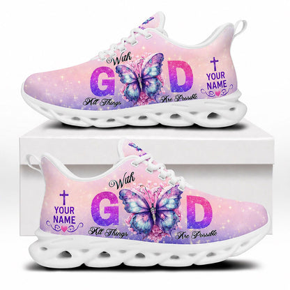 Side profile of Custom Name With God All Things Are Possible Max Soul Shoes on white soles with purple butterfly and star sparkles