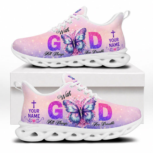 Side profile of Custom Name With God All Things Are Possible Max Soul Shoes on white soles with purple butterfly and star sparkles