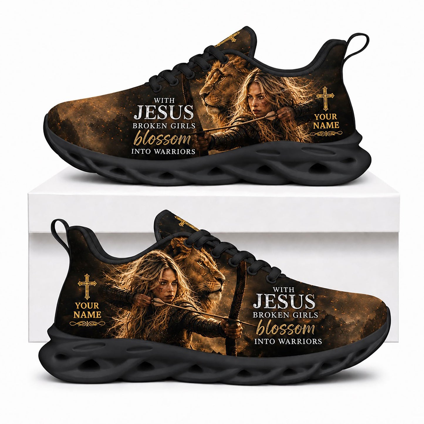 Side profile of Custom Name With Jesus Broken Girls Blossom Into Warriors Max Soul Shoes in black sole showing the personalizable text zone