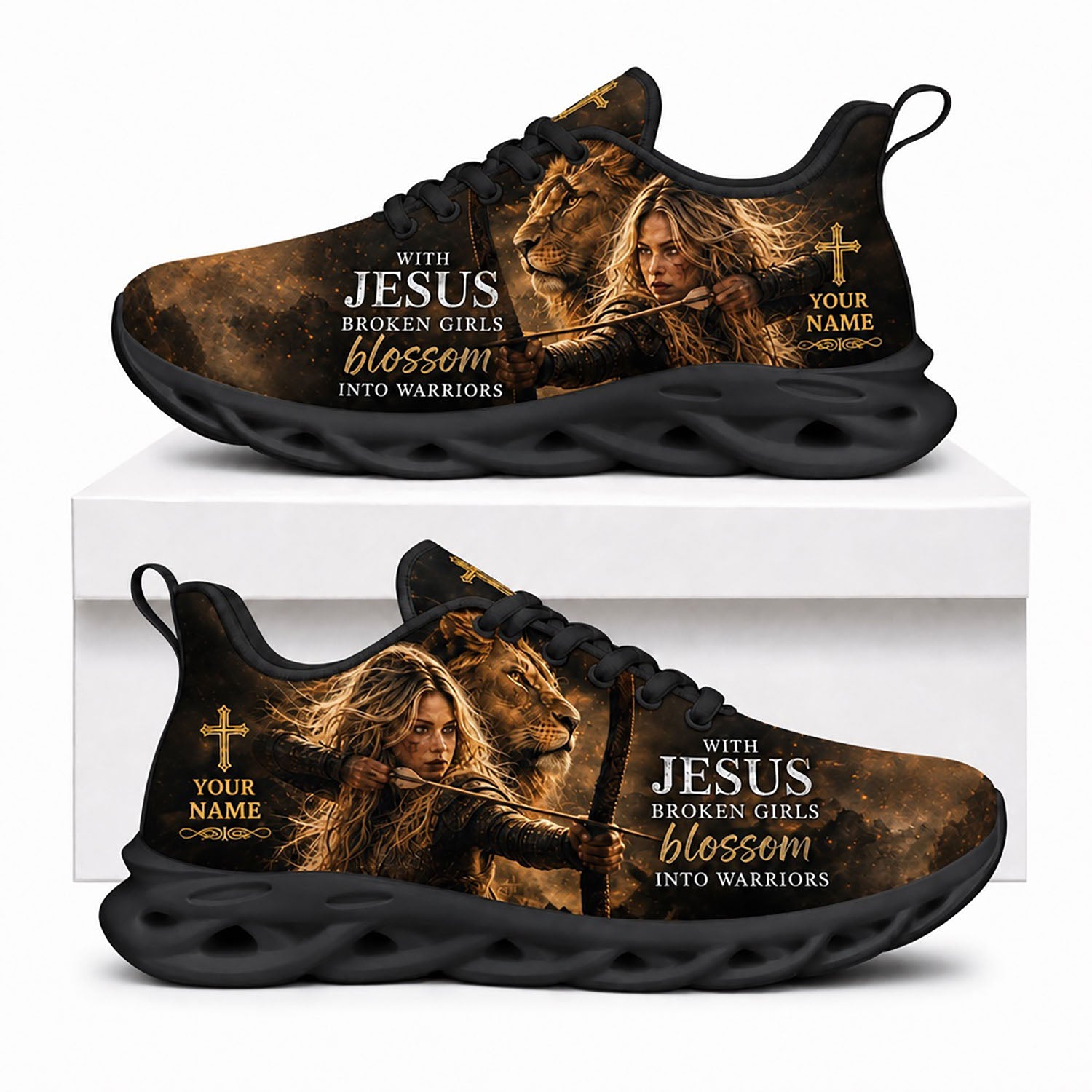 Side profile of Custom Name With Jesus Broken Girls Blossom Into Warriors Max Soul Shoes in black sole showing the personalizable text zone