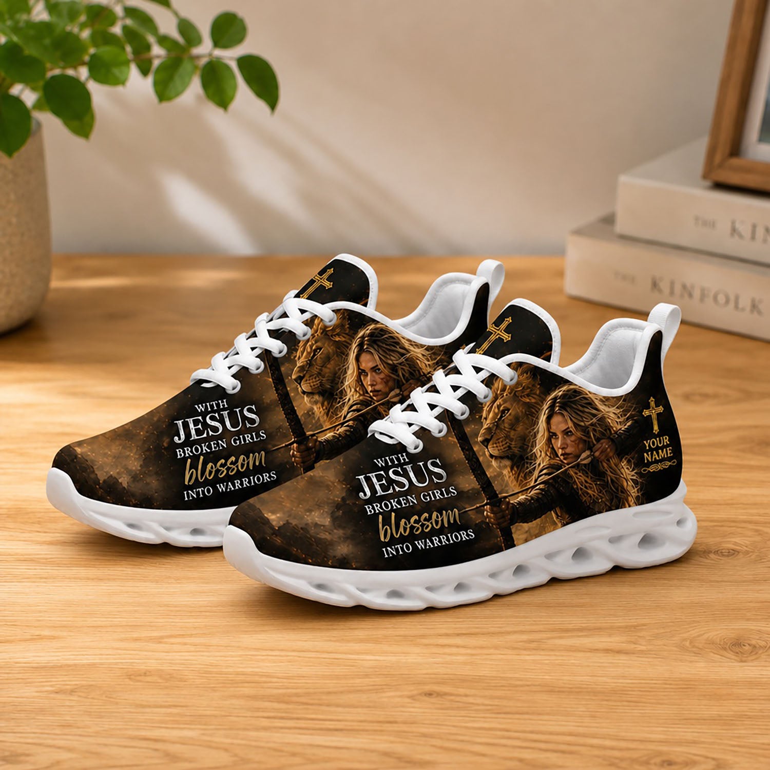 Lifestyle product photography of Custom Name With Jesus Broken Girls Blossom Into Warriors Max Soul shoes with white soles styled on a wooden table