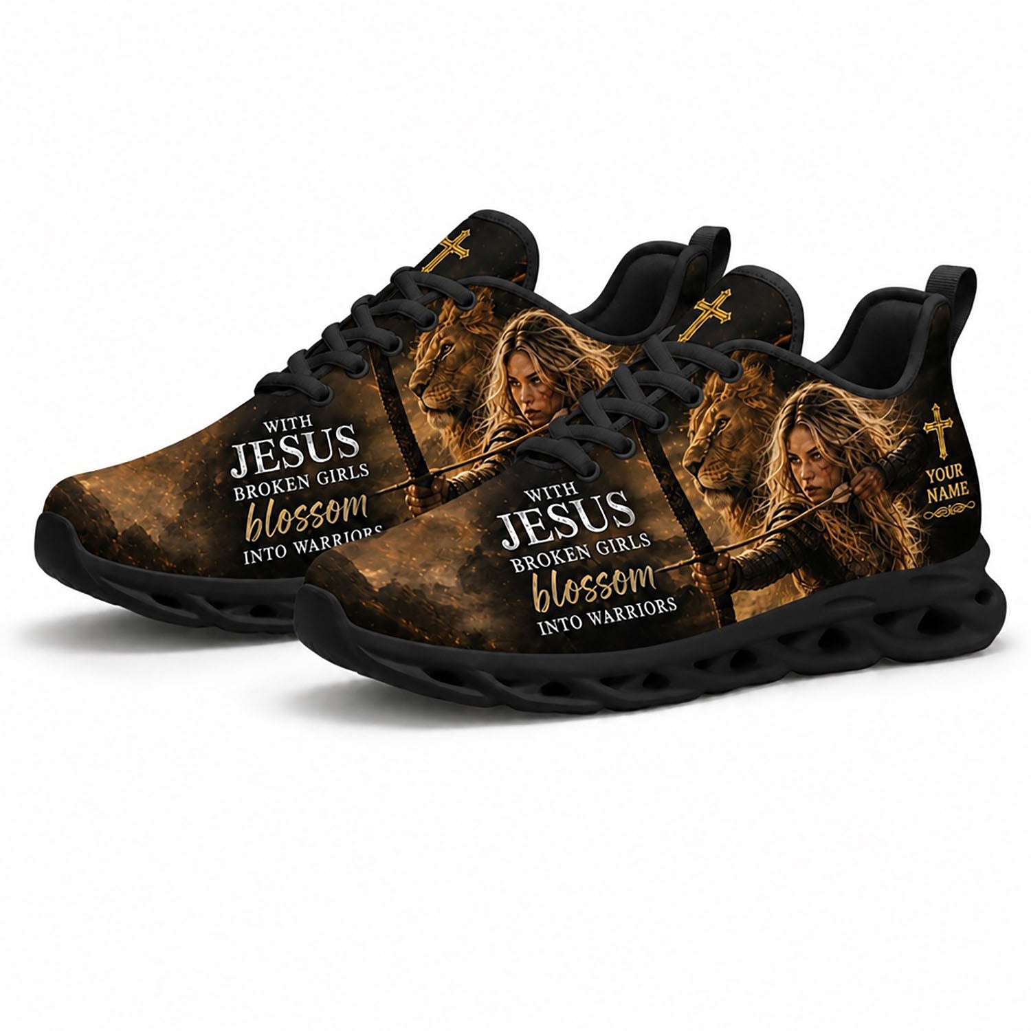 Pair of Christian warrior sneakers featuring a powerful lion and female archer print with dynamic black traction soles