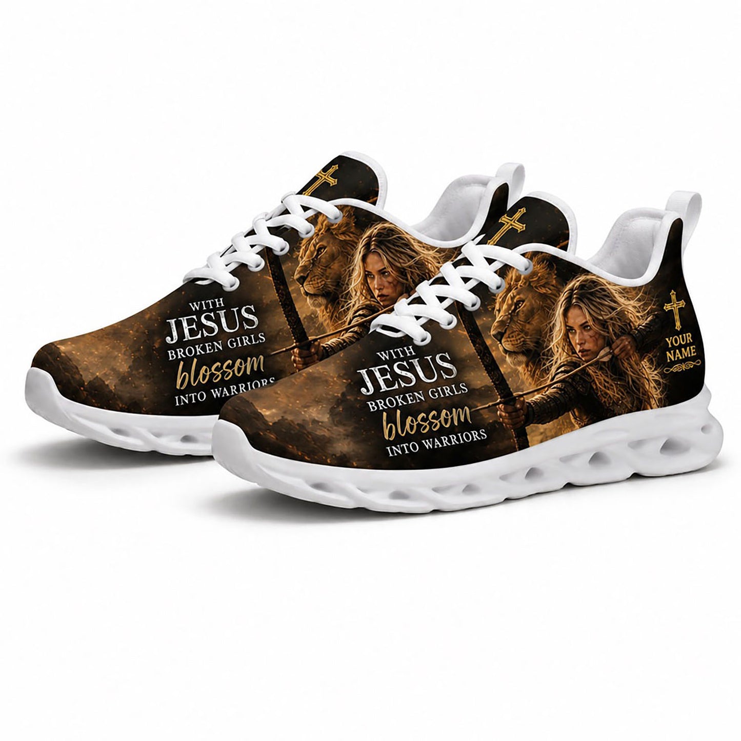 Angled pair of Christian warrior sneakers with a golden cross emblem and motivational text on clean white soles
