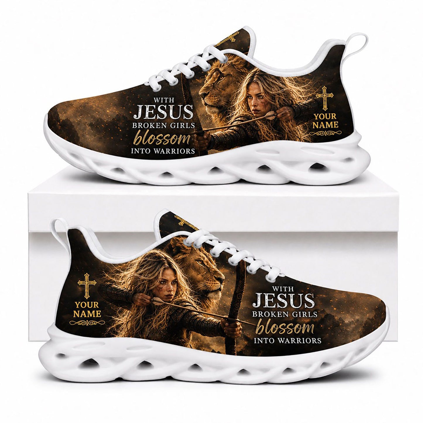 Side profile of Custom Name With Jesus Broken Girls Blossom Into Warriors Max Soul Shoes on white soles featuring a female archer and a lion