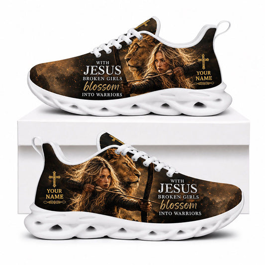 Side profile of Custom Name With Jesus Broken Girls Blossom Into Warriors Max Soul Shoes on white soles featuring a female archer and a lion