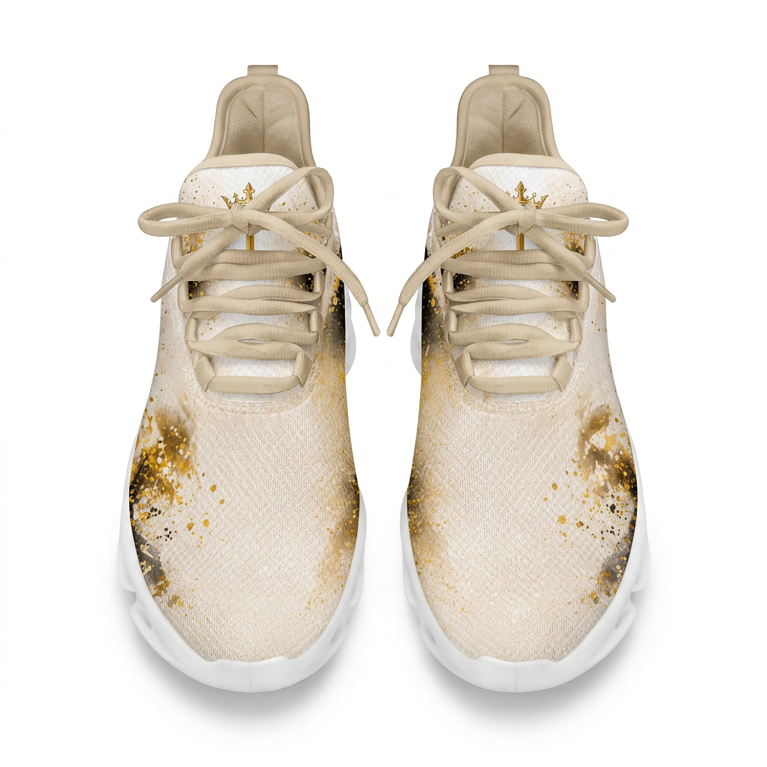Top-down view of the custom sneakers showcasing the gold glitter paint splatters and a tiny crown logo on the tongue