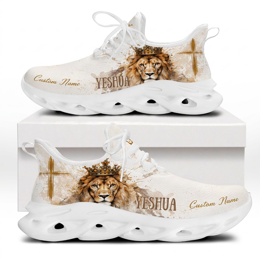 Side profiles of Custom Name Yeshua Max Soul Shoes on white soles featuring a crowned lion portrait and golden cross graphics