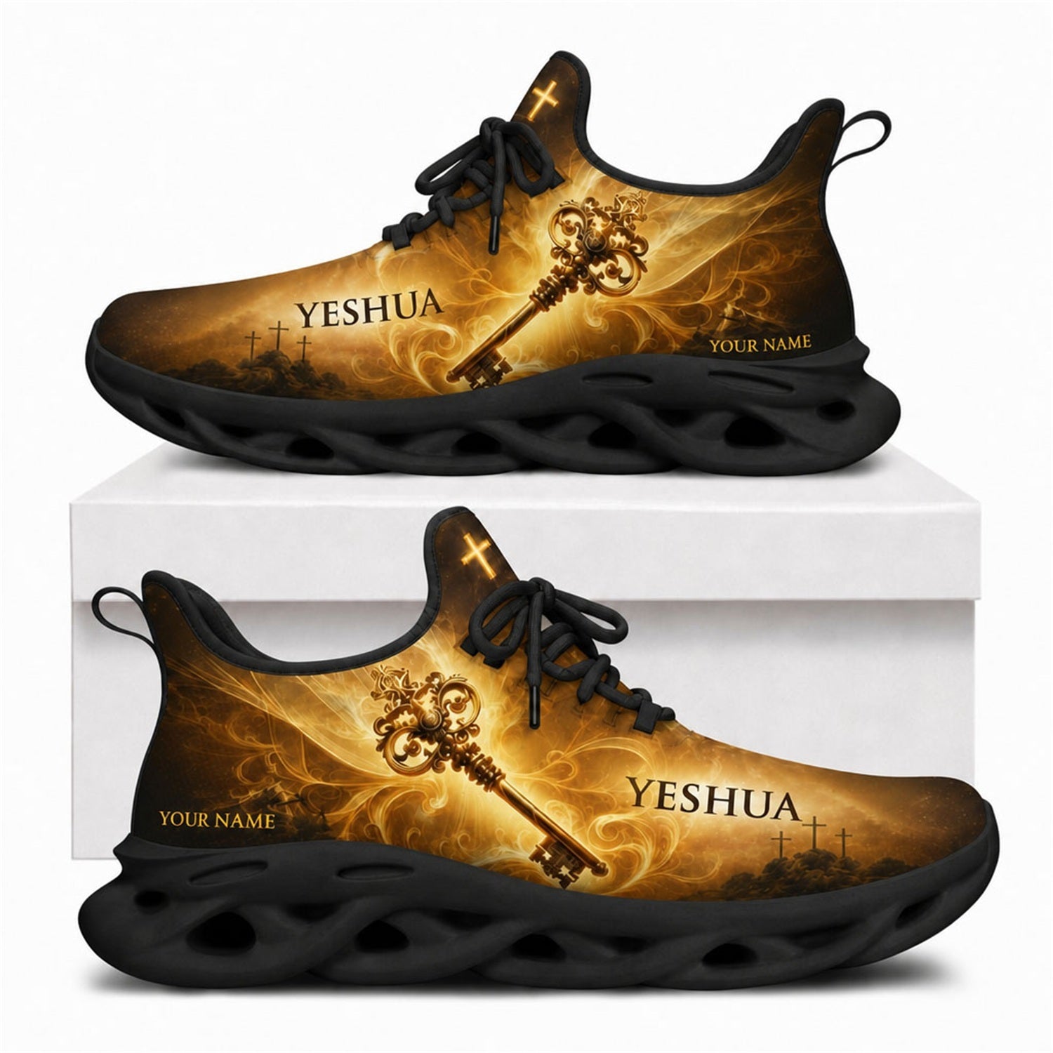 Yeshua holy key sneakers with a dramatic golden aura and a solid black athletic wavy sole