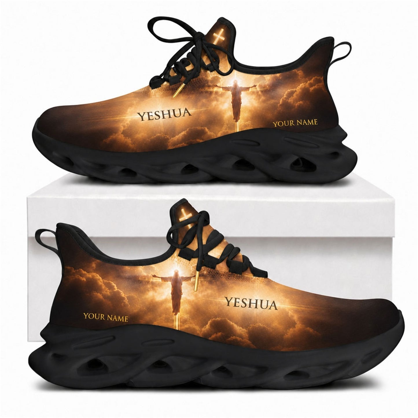 Christian sneakers with Jesus divine light art, glowing cross, "Yeshua" text, black wavy soles