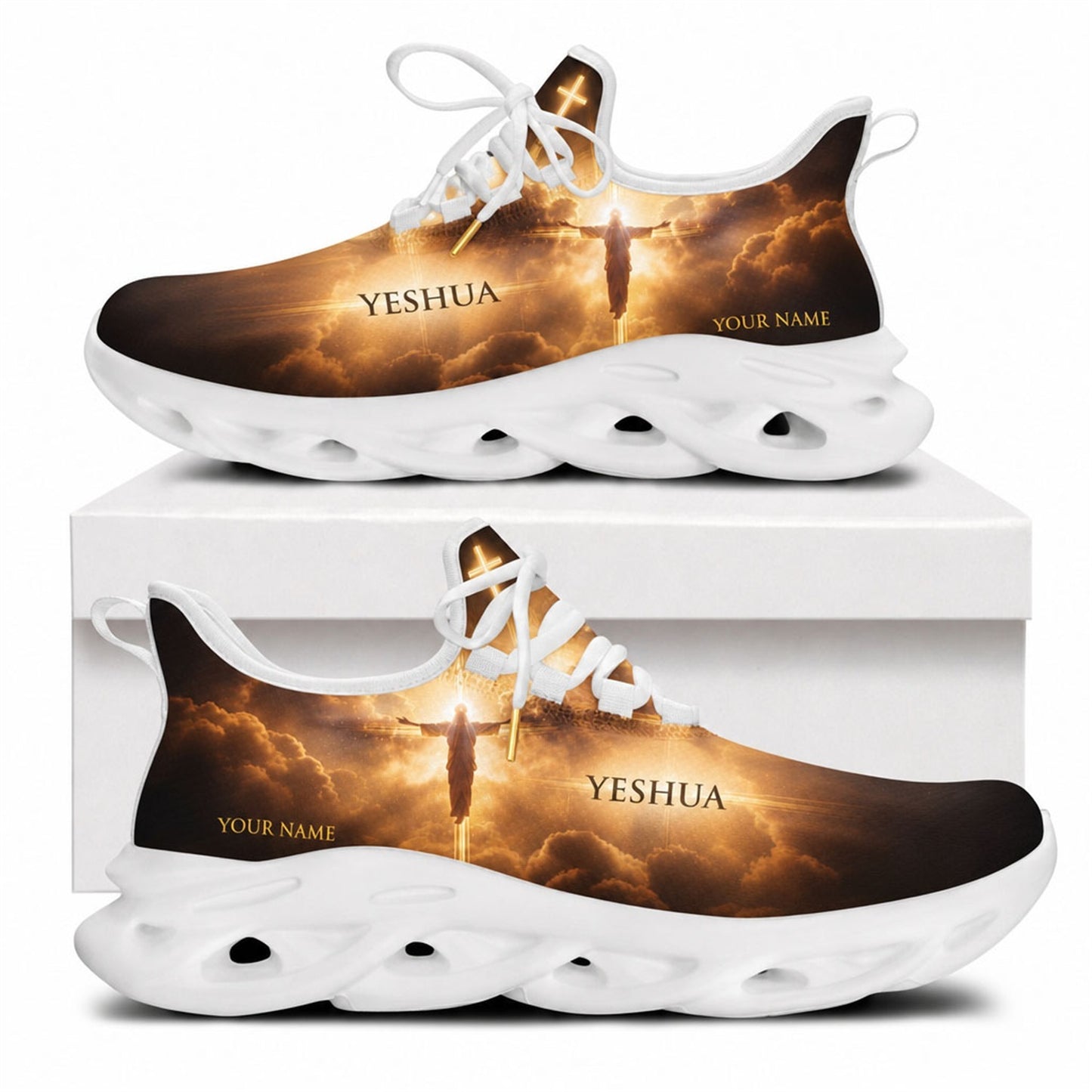 Side view of Yeshua divine light sneakers with glowing clouds design and white outsoles
