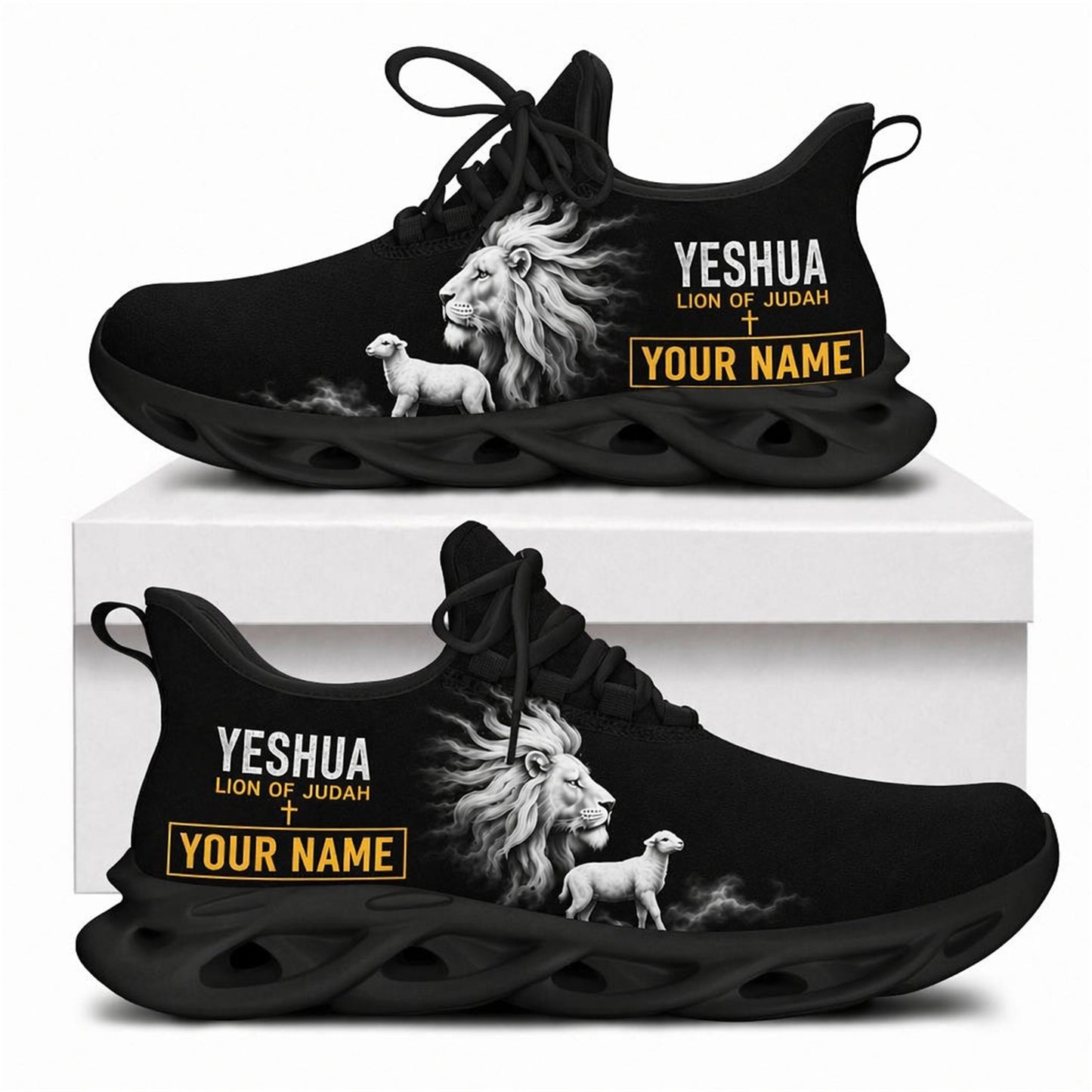 Side view of custom name Yeshua Lion of Judah Max Soul shoes featuring a detailed lion and lamb print with a solid black wavy sole