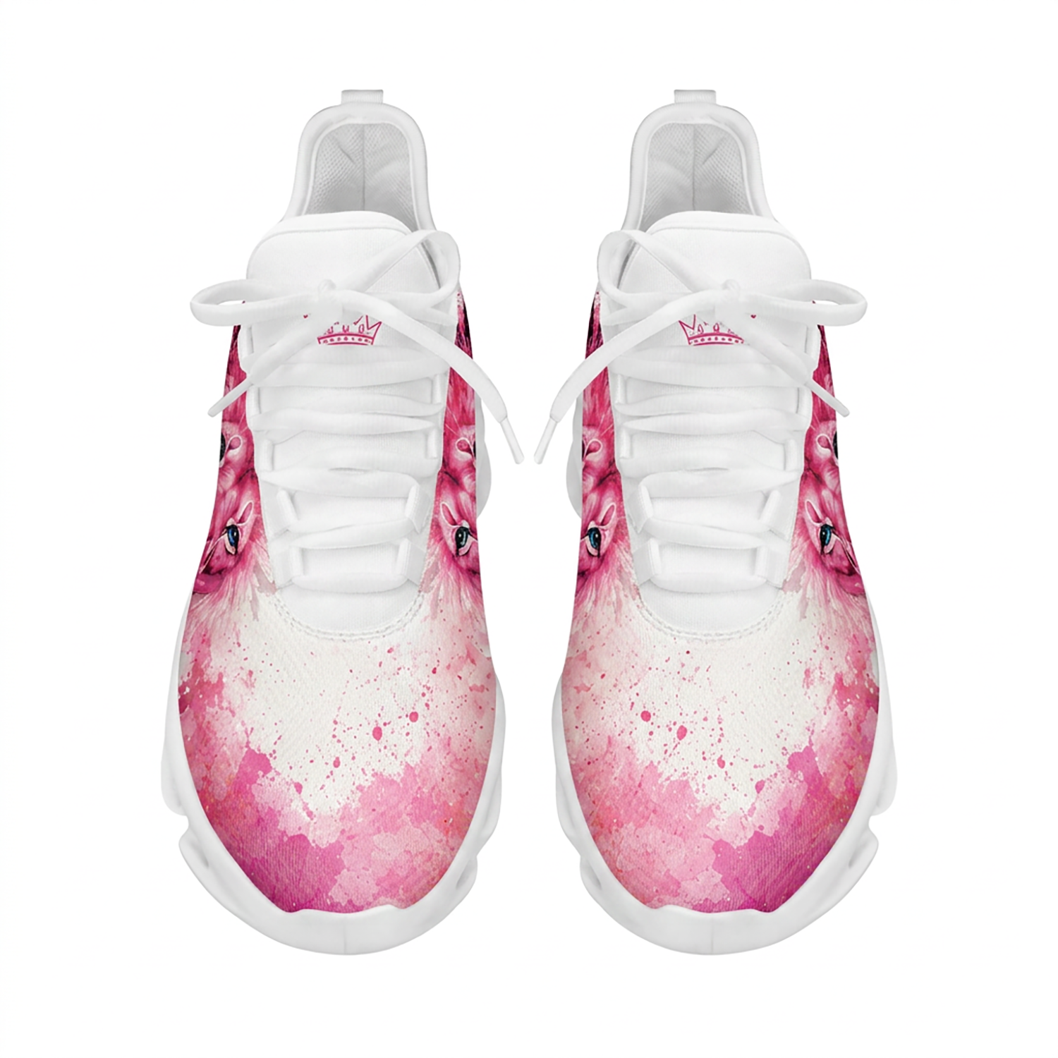 Top-down view of the custom sneakers showcasing the pink watercolor splash pattern and a minimalist crown emblem on the tongue