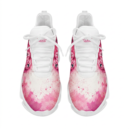 Top-down view of the custom sneakers showcasing the pink watercolor splash pattern and a minimalist crown emblem on the tongue