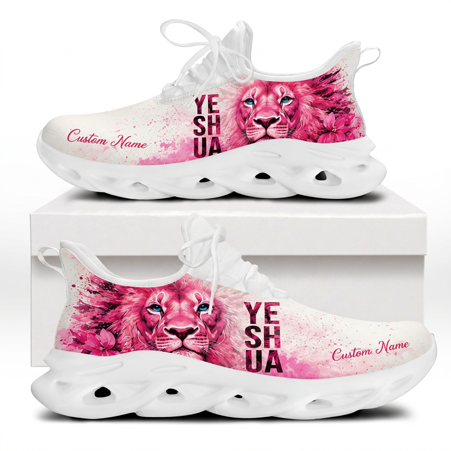 Side view of Custom Name Yeshua Lion of Judah Max Soul Shoes on white soles featuring a vibrant pink watercolor lion with blue eyes