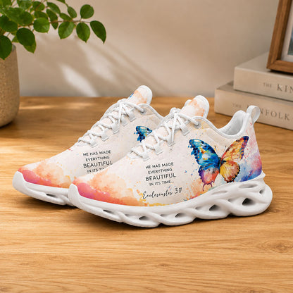 Lifestyle display of Ecclesiastes 3 11 He Has Made Everything Beautiful Max Soul shoes with white soles styled on a wooden table