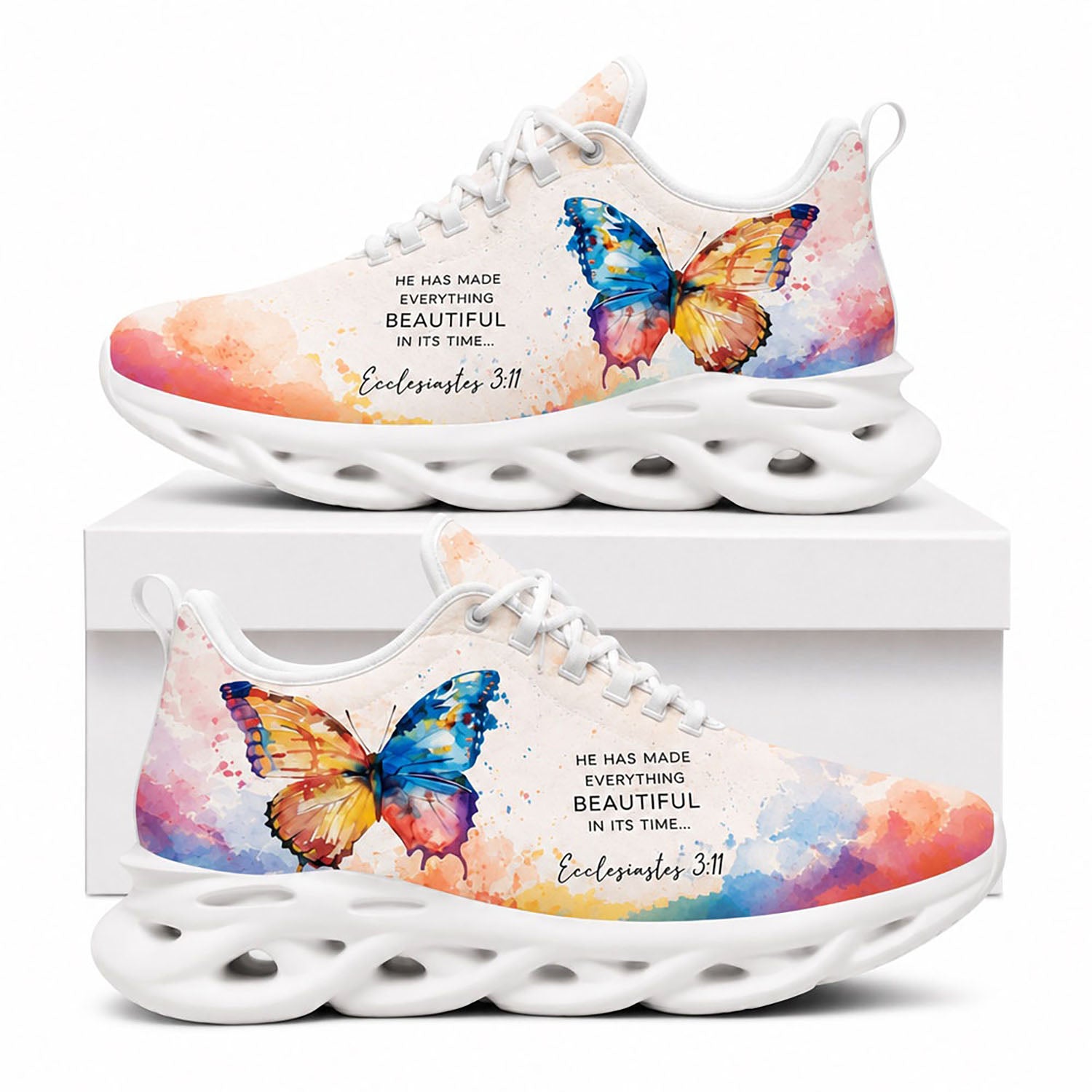 Side view of Ecclesiastes 3 11 He Has Made Everything Beautiful Max Soul Shoes with white sole featuring watercolor butterfly graphic