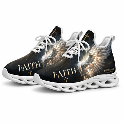 Studio 3/4 angle of gym sneakers featuring glowing wings and cross graphic on white soles