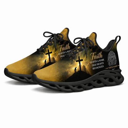 Angled studio shot of black-soled religious footwear featuring the faith-fingerprint design