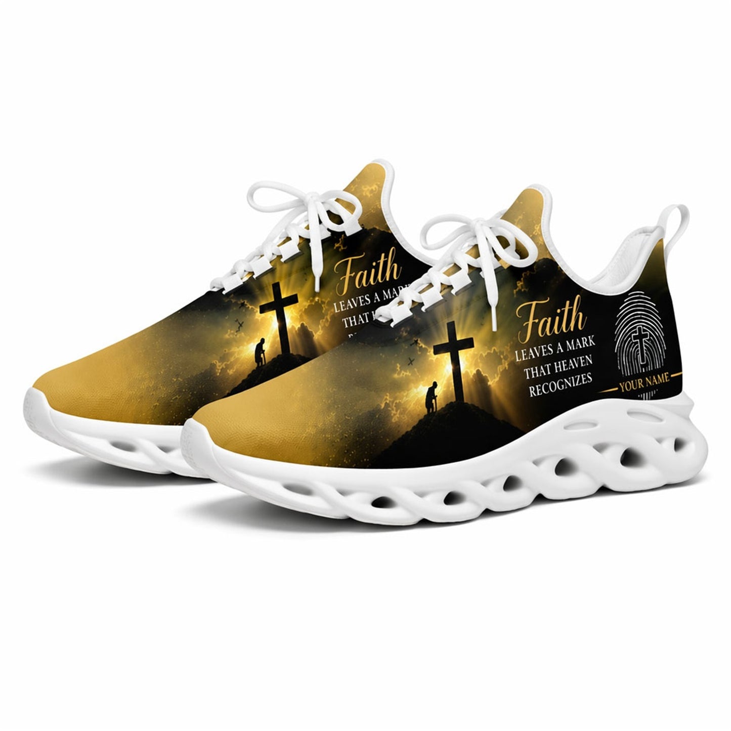 Studio 3/4 angle of gym sneakers featuring the faith-fingerprint design on white soles