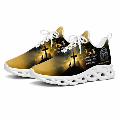 Studio 3/4 angle of gym sneakers featuring the faith-fingerprint design on white soles