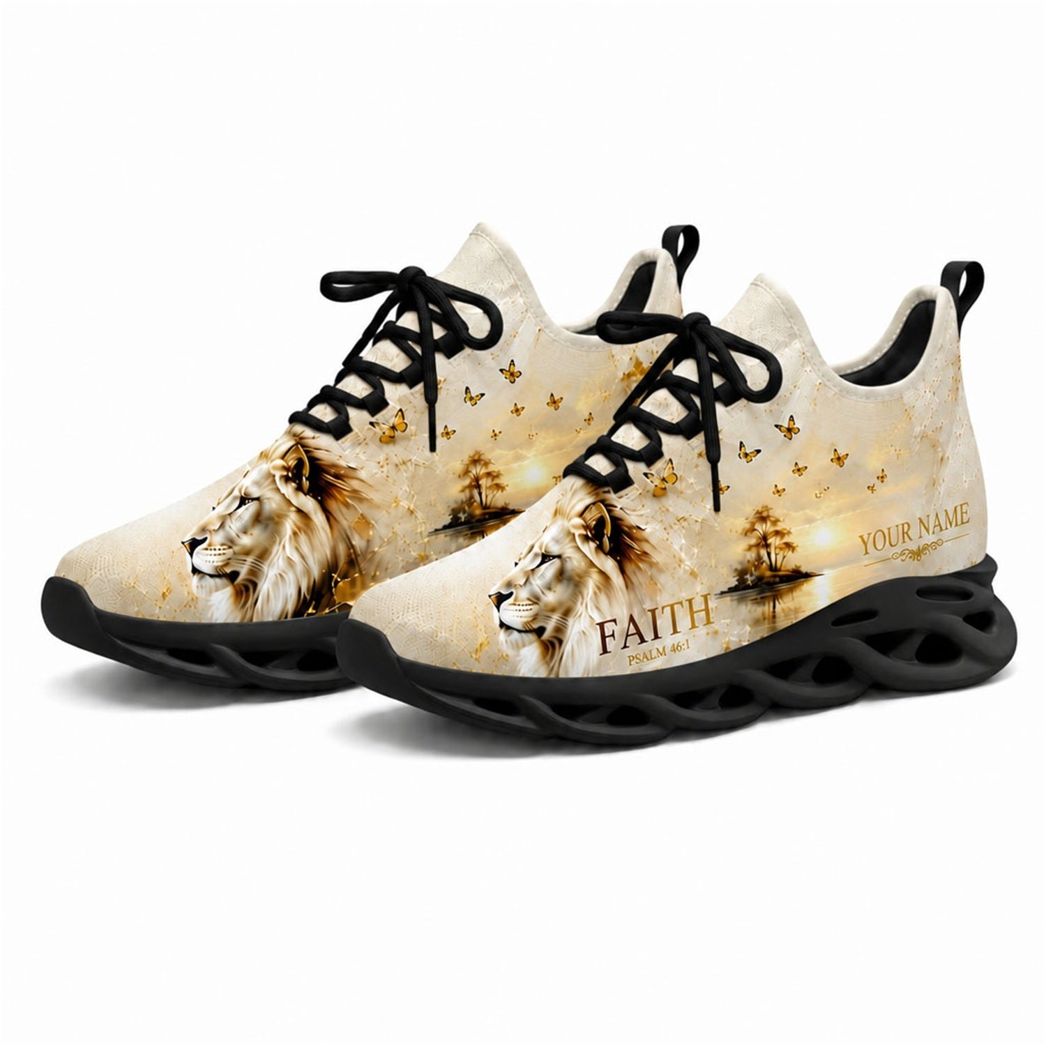 Angled studio shot of black-soled religious footwear featuring the Faith Lion design