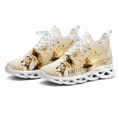 Studio 3/4 angle of gym sneakers featuring the Faith Lion and butterfly print on white soles