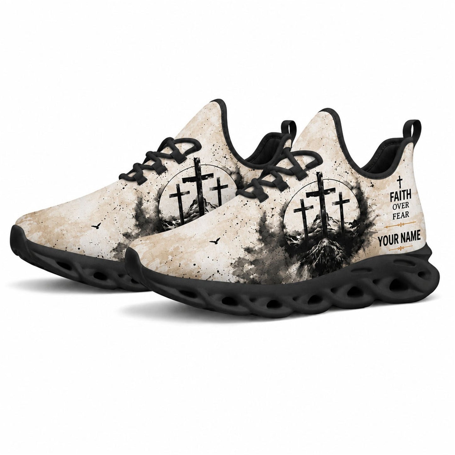 Angled studio shot of black-soled religious footwear featuring the three-crosses ink art