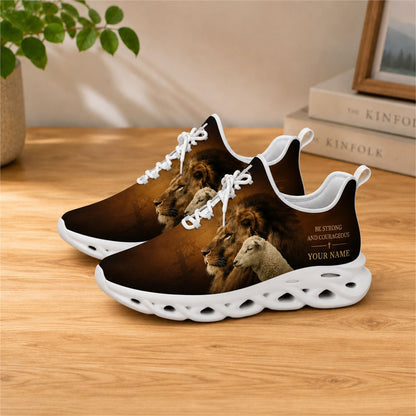 Lifestyle view of white-soled faith scripture sneakers on wood, displaying the personalized name zone