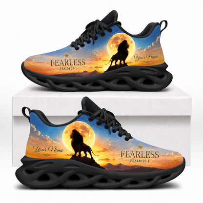 Side view of Fearless Lion Bible Verse Max Soul Shoes in black sole showing the personalized name area