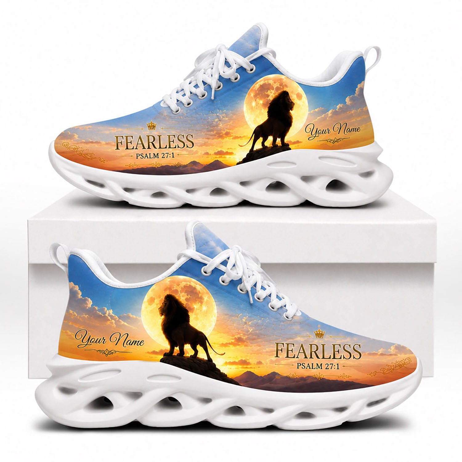 Side view of Fearless Lion Bible Verse Max Soul Shoes in white sole featuring Psalm 27 1 design