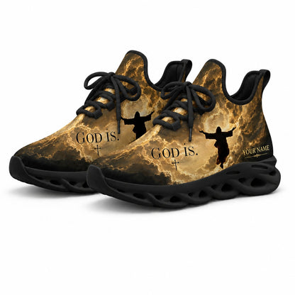 Angled studio shot of black-soled religious footwear featuring the Jesus ascension design