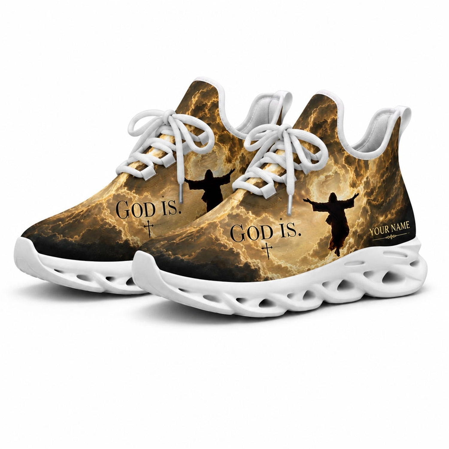 Studio 3/4 angle of gym sneakers with Jesus ascension graphic on white soles