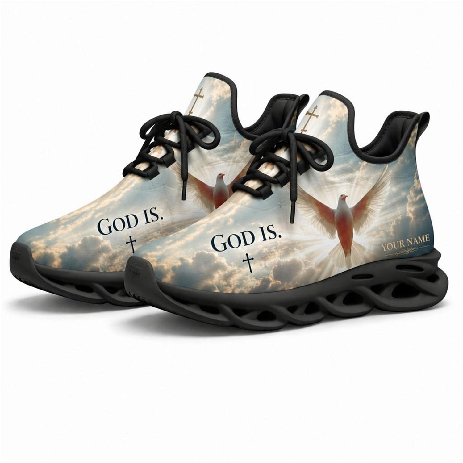 Angled studio shot of black-soled religious footwear featuring the holy dove design