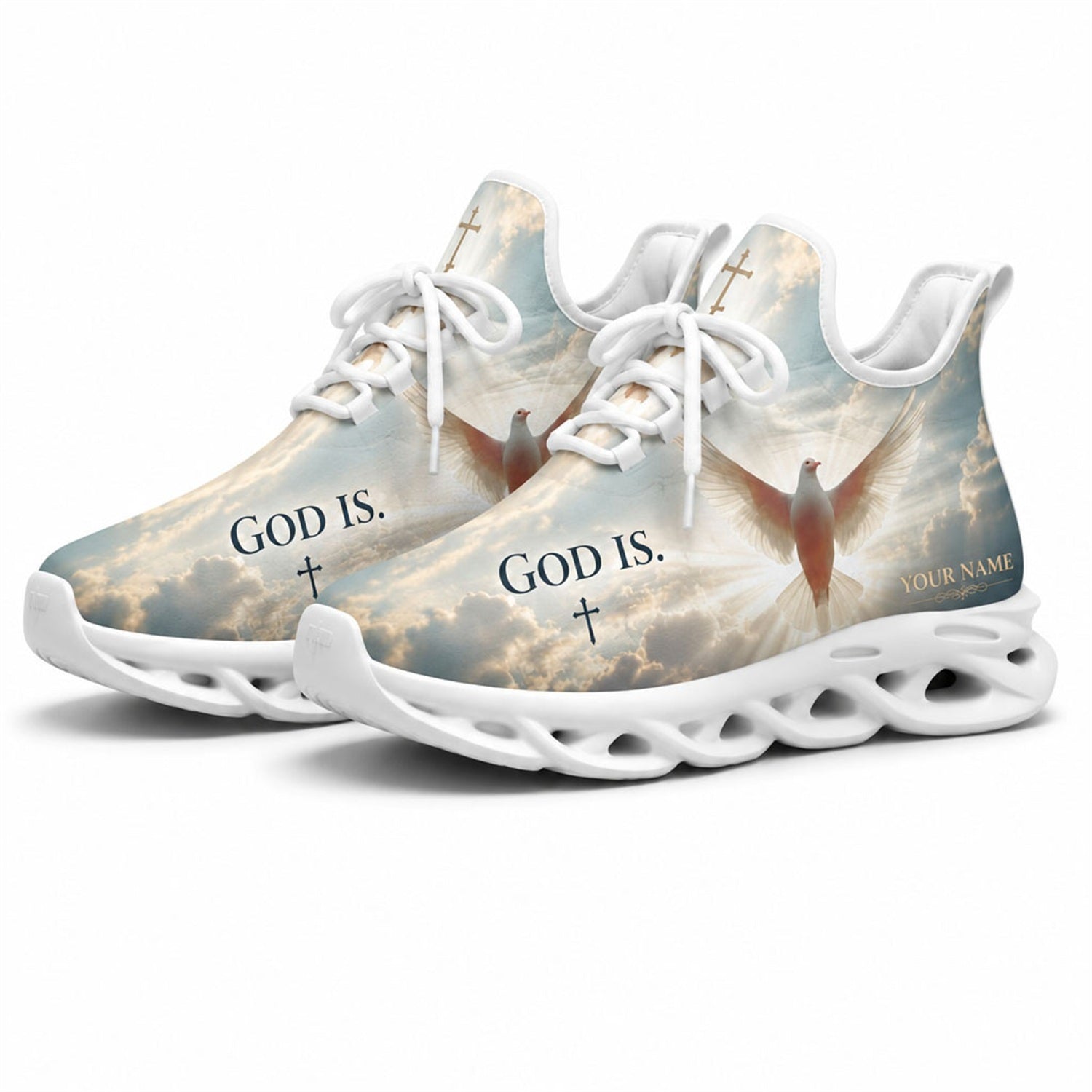 Studio 3/4 angle of gym sneakers featuring holy dove and cross graphic on white soles