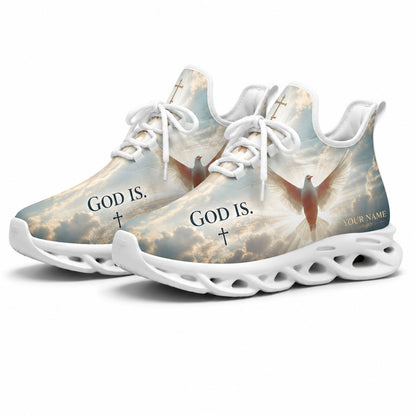 Studio 3/4 angle of gym sneakers featuring holy dove and cross graphic on white soles