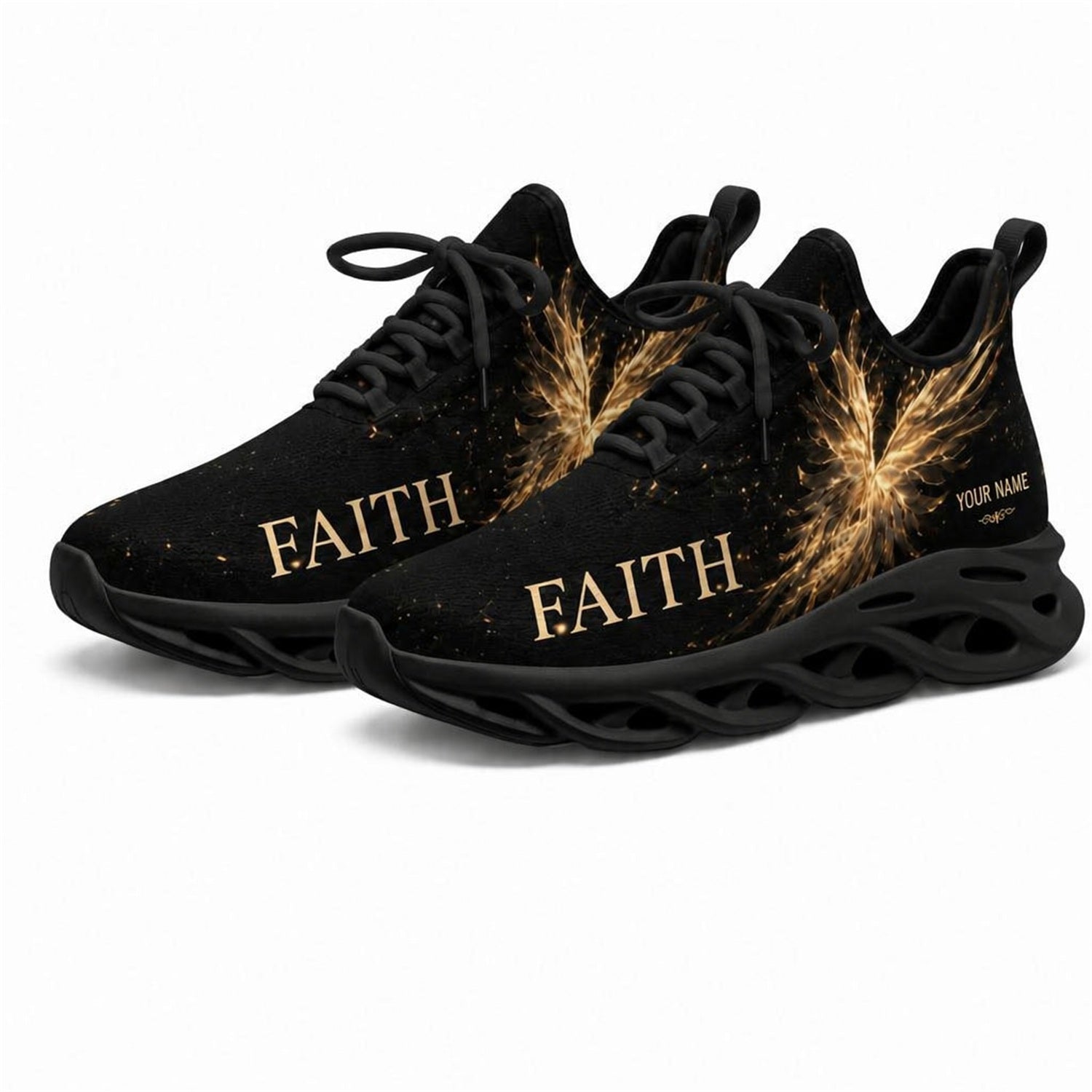 Angled studio shot of black-soled religious footwear featuring the Golden Faith Wings design