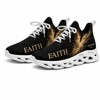 Studio 3/4 angle of gym sneakers featuring the Golden Faith Wings graphic on white soles
