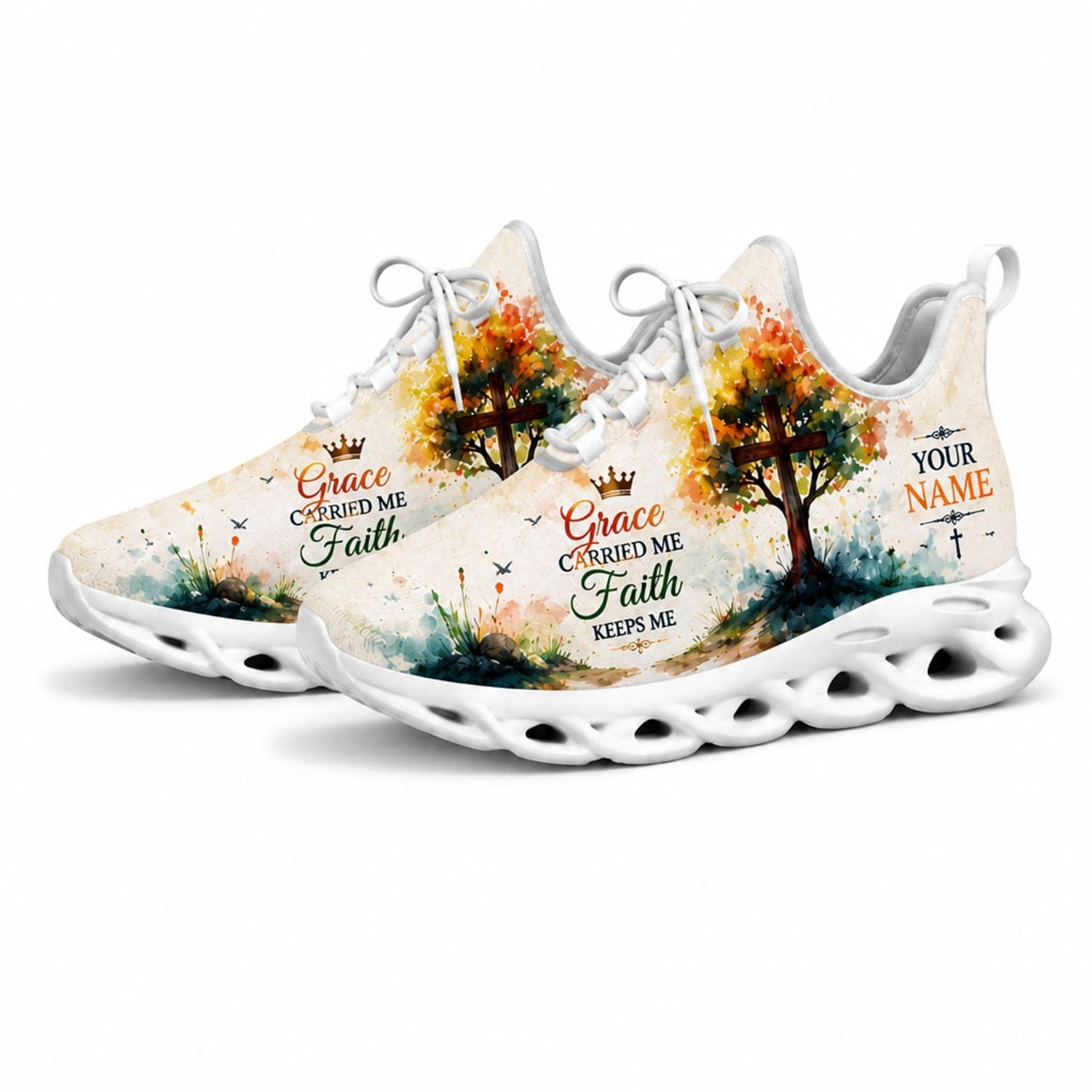 Studio 3/4 angle of gym sneakers featuring the tree-cross design on white soles