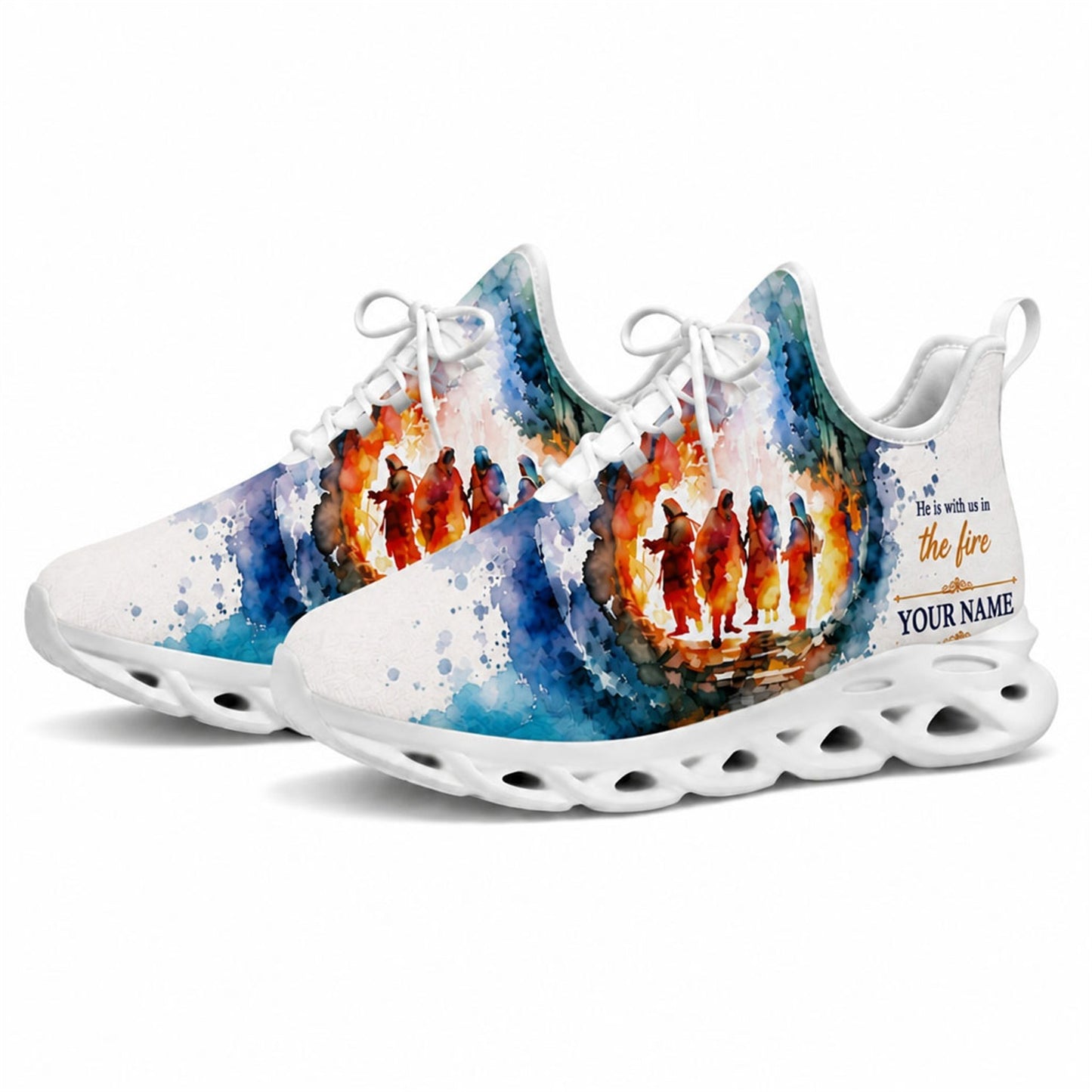 Studio 3/4 angle of gym sneakers featuring the faith-in-fire watercolor design on white soles