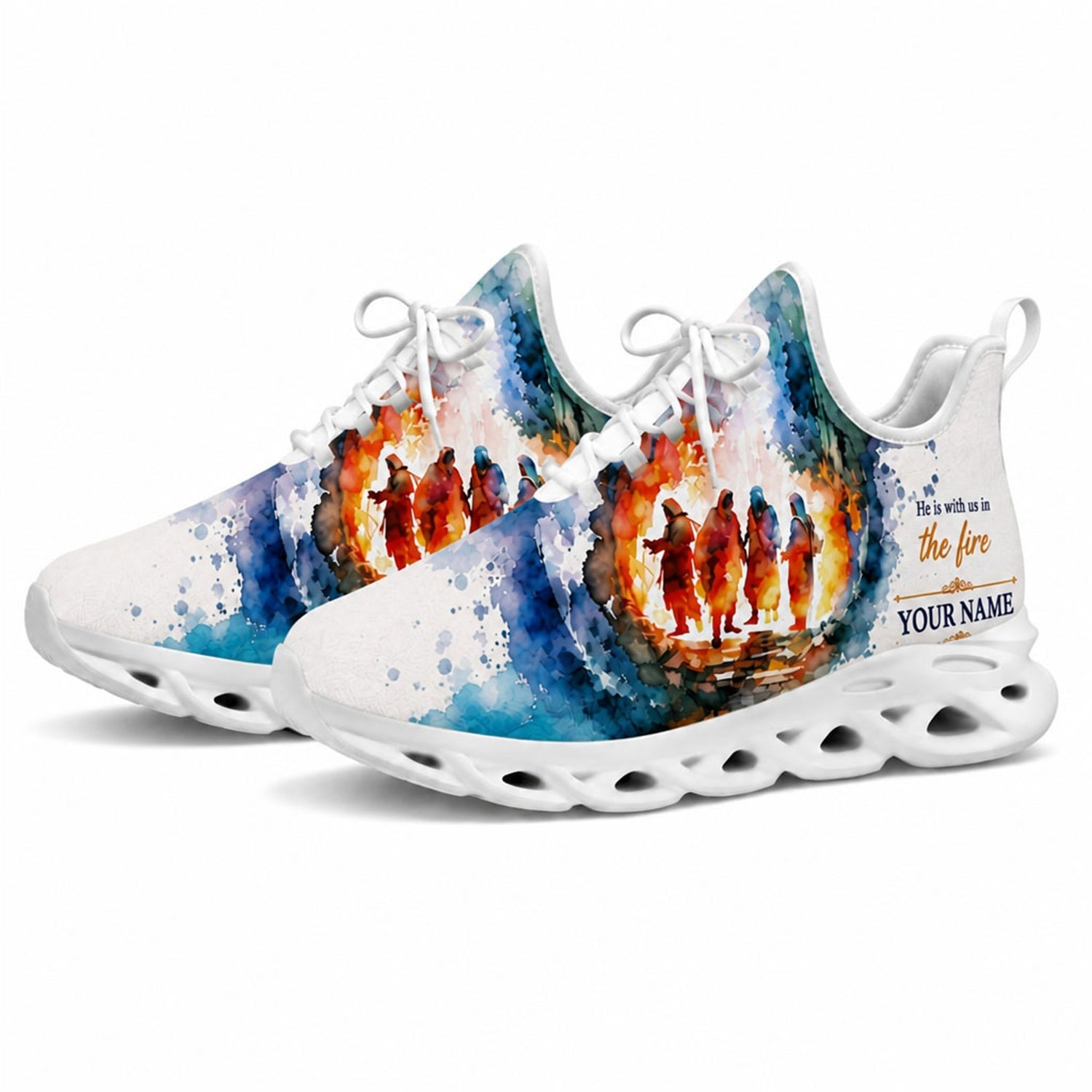 Studio 3/4 angle of gym sneakers featuring the faith-in-fire watercolor design on white soles